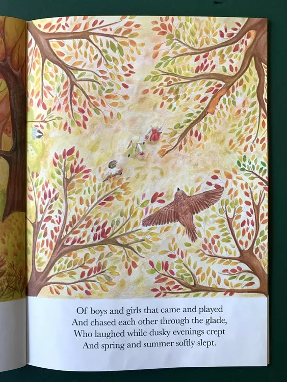 A colour illustration , looking down on a glade. The trees are the colours of autumn. The mistle thrush flies over the trees and we can see the children running through the trees, carrying their baskets of berries.